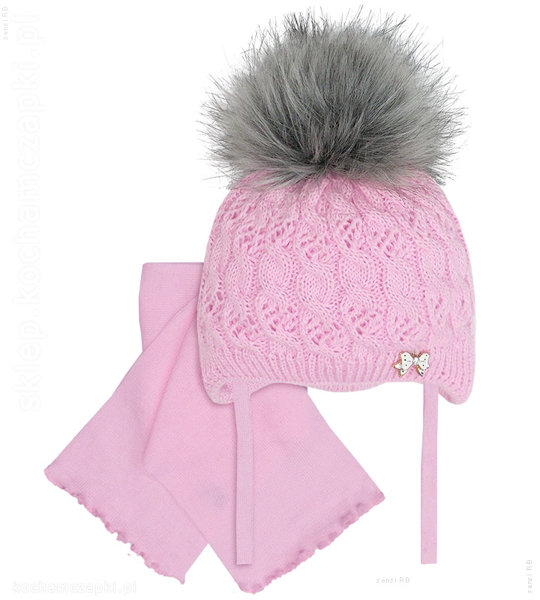 Komplet zimowy: czapka i szaliczek niemowlęcy Rosale, różowy, 38-42 cm