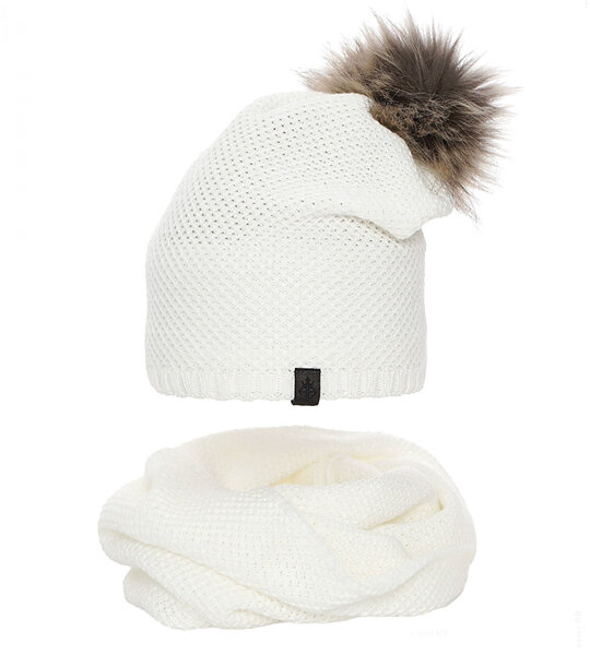 Komplet zimowy damski, czapka i komin, Lakiana, biały, 56-59 cm