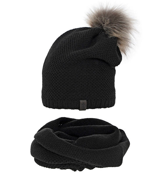 Komplet zimowy damski, czapka i komin, Lakiana, czarny, 56-59 cm