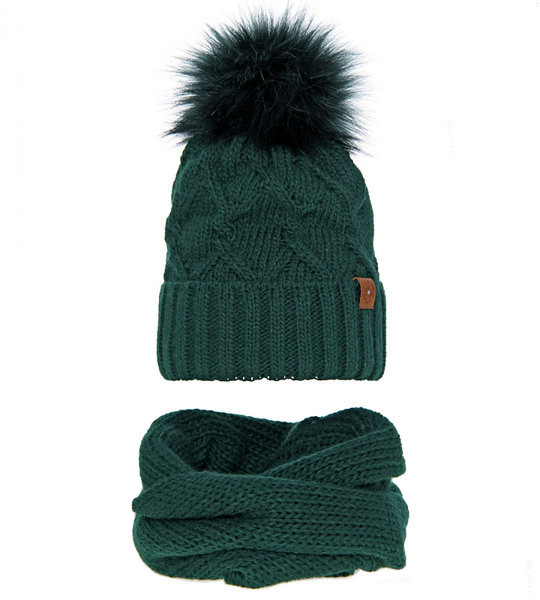 Komplet zimowy damski, czapka i komin, Rakecja, ciemny zielony, 56-60 cm