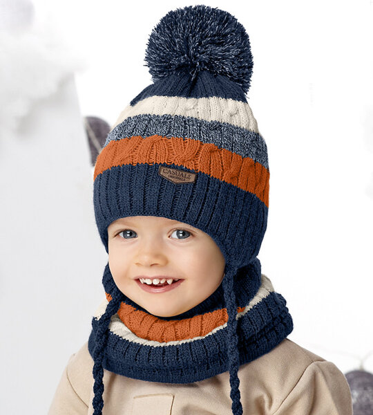 Komplet zimowy dla chłopca, czapka i komin, Ardal, niebieski + pomarańcz, 50-54 cm