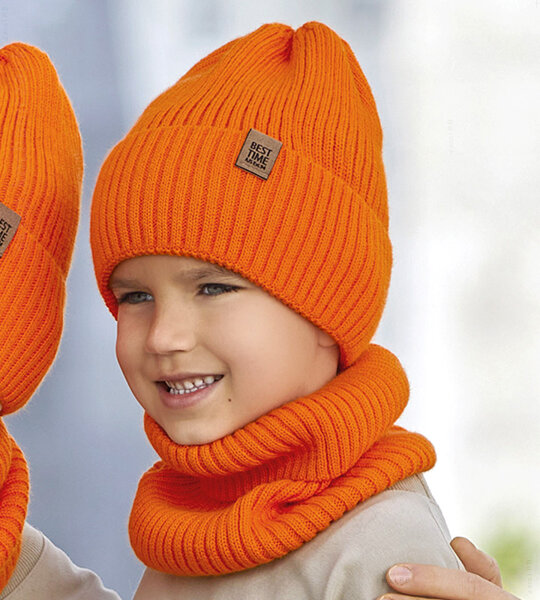 Komplet zimowy dla chłopca, czapka i komin, Marceddi, pomarańczowy, 46-52 cm
