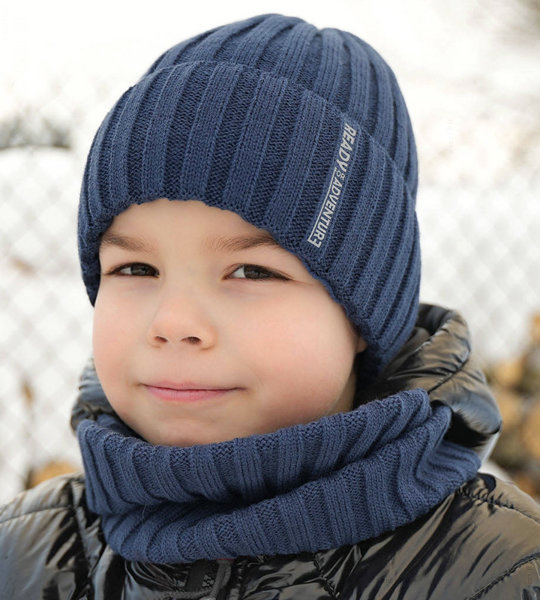 Komplet zimowy dla chłopca, czapka i komin, Vilidio, granatowy, 52-54 cm