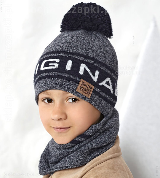 Komplet zimowy dla chłopca: czapka z pomponem i komin Kasper rozm. 52-56 cm