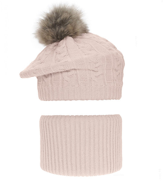 Komplet zimowy dla dziewczynki, beret i komin, Fokki, nude, 52-55 cm