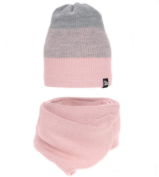 Komplet zimowy dla dziewczynki: czapka i szalik,  Routney, różowo-szary, 52-54 cm