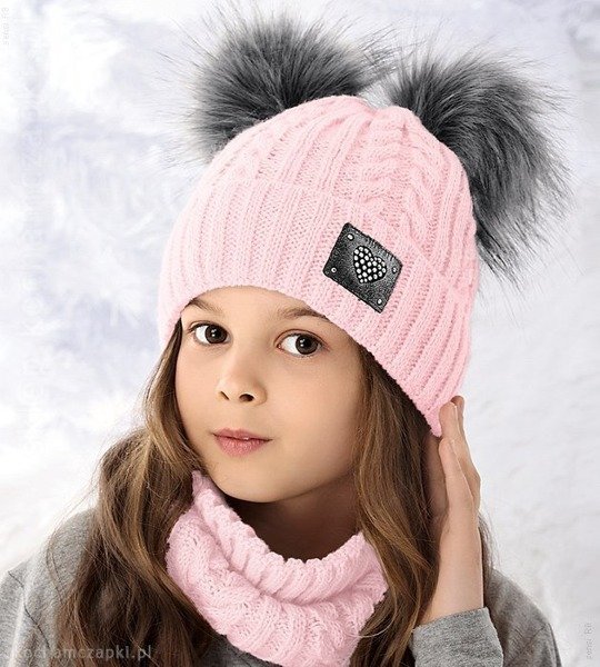Komplet zimowy dla dziewczynki, czapka z dwoma pomponami i komin, Juana różowy, rozm. 52-55 cm