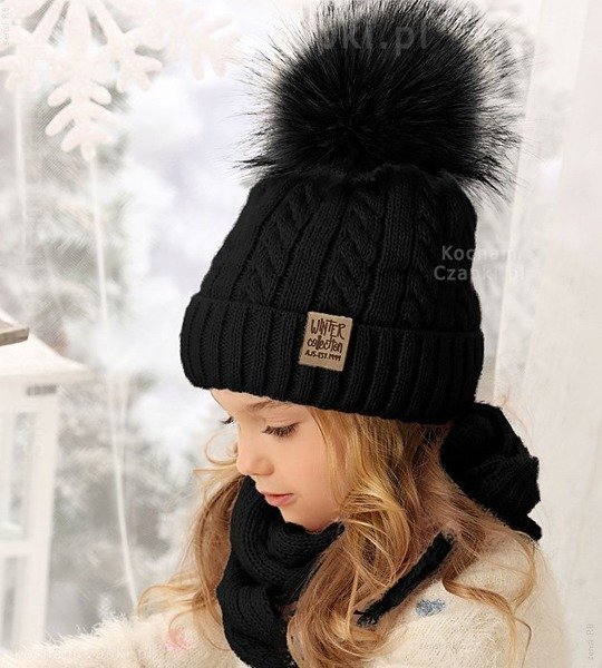 zimowe czapki dla dziewczynek, Komplet zimowy młodzieżowy, czapka i komin Allasa  czarny rozm.55-57 cm