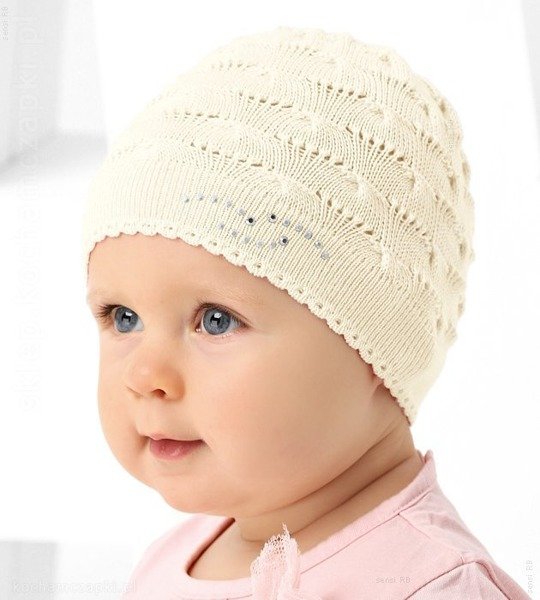 Kremowa niemowlęca czapeczka ażurkowa, bawełniana, Odalys, rozm. 36-40 cm