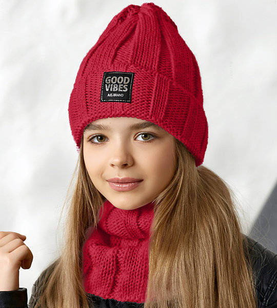 Modna czapka zimowa i komin dla dziewczyny, Good Vibes, rozm. 55-57 cm