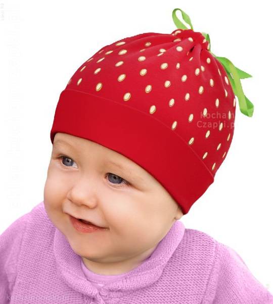 Niemowlęca czapka na wiosnę-jesień, dla dziewczynki, dwustronna, Truskawka, rozm. 48-51 cm