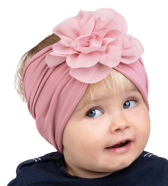 Opaska dla dziewczynki, turban, róż, 3633, z kwiatem,  obw. 51-53 cm