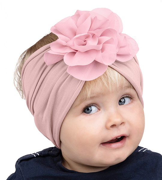 Opaska dla dziewczynki, turban,  różowa (3), 3633, z kwiatem,  obw. 51-53 cm