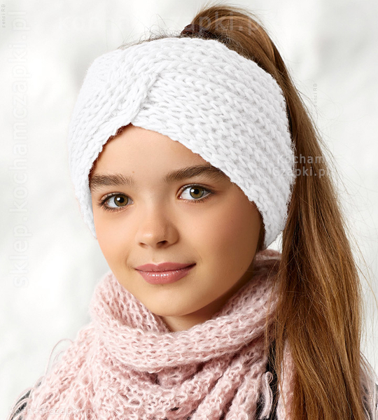 Opaska dziewczęca, zimowa, podszyta polarem, opaska turban, biała, 51-55 cm
