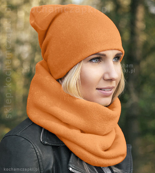 Pomarańczowa czapka i komin damski, zimowy komplet, Benita, 55-57 cm