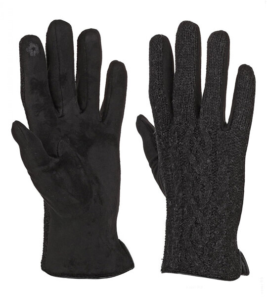 Rękawiczki damskie, dotykowe, ciepłe, wełna i welur, czarne