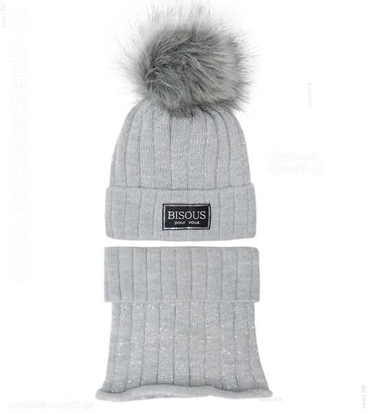 Szary komplet zimowy, czapka i komin dla dziewczynki, Bisous 50-54 cm