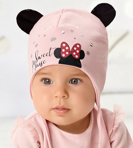 Wiązana czapka niemowlęca z myszką Minnie i uszkami  Liaura  rozm. 36-38 cm