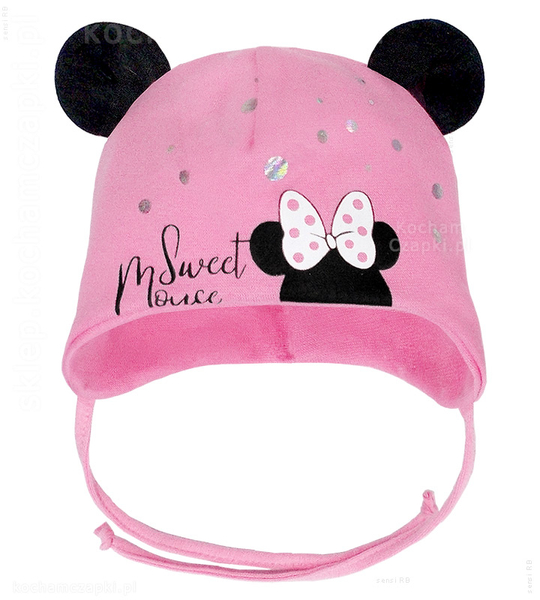 Wiązana czapka niemowlęca z myszką Minnie i uszkami, Liaura, rozm. 42-45 cm