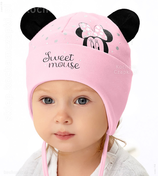 Wiązana czapka wiosenna z myszką Minnie i uszkami  Lovisa rozm. 42-45 cm