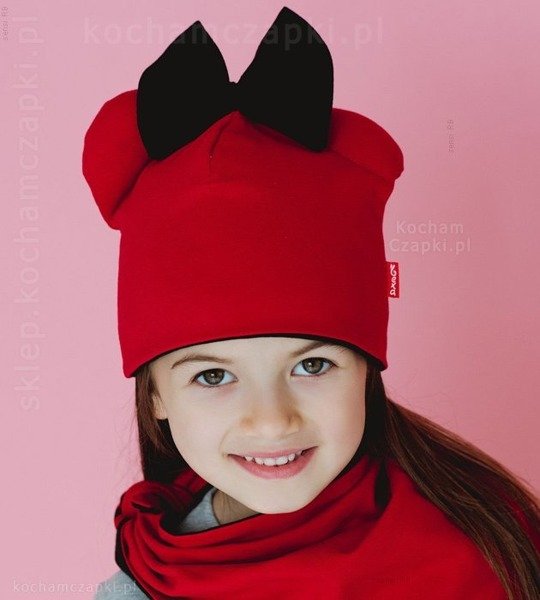 Wiosenna czapka dla dziewczynki, Happy Mouse z uszkami i kokardką musztardowa rozm. 47-50 cm