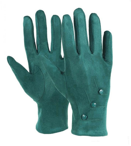 Zielone rękawiczki damskie, z dzianiny welurowej 