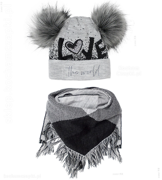 Zimowa chusta i czapka z dwoma pomponami  w komplecie Gerta rozm. 50-53 cm