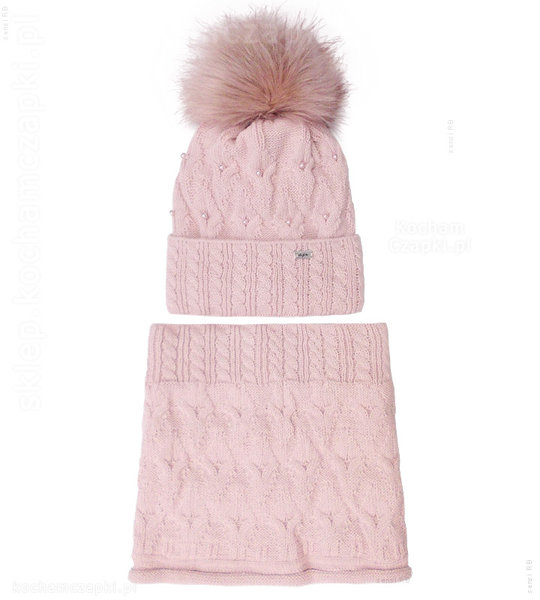 Zimowa czapka damska i komin, elegancki komplet Natalie, róż nude, 55-57 cm