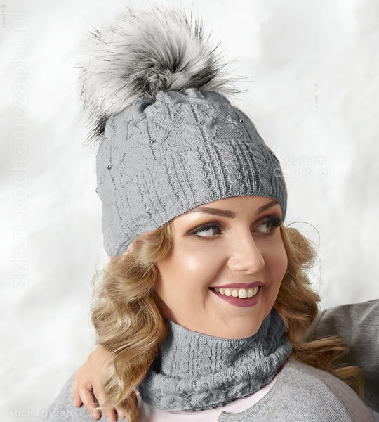 Zimowa czapka damska i komin, elegancki komplet Natalie, rozm. 55-57 cm