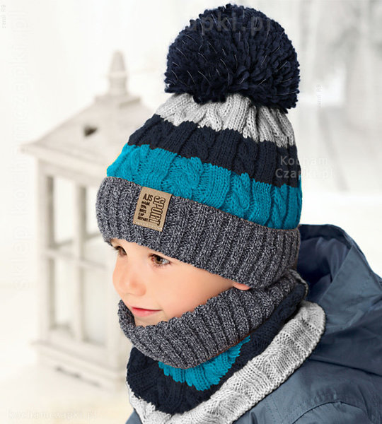 Zimowa czapka dla chłopca i komin, komplet Aston, rozm. 54-56 cm, BĄDŹ BEZPIECZNY odblaskowy pompon