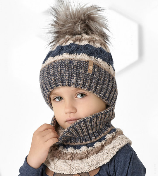 Zimowa czapka dla chłopczyka z futerkowym pomponem i komin,  Conny rozm. 46-50 cm	