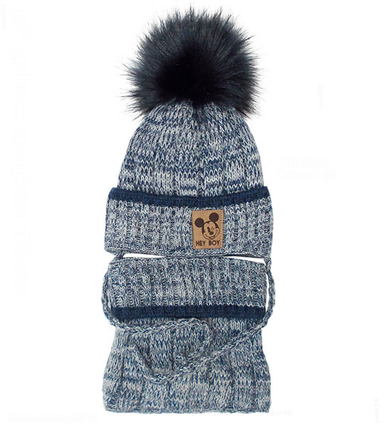 Zimowa czapka dla chłopczyka z futrzanym pomponem i komin, Toshio, granat melanż, 46-50 cm	
