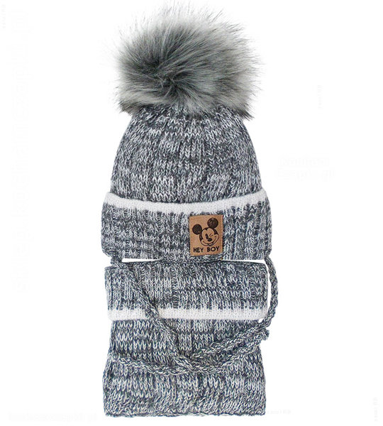 Zimowa czapka dla chłopczyka z futrzanym pomponem i komin, Toshio rozm. 46-50 cm	
