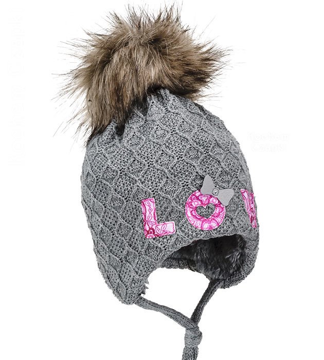 Zimowa czapka dla dziewczynki, uszatka, z koronką  rozm. 46-48 cm