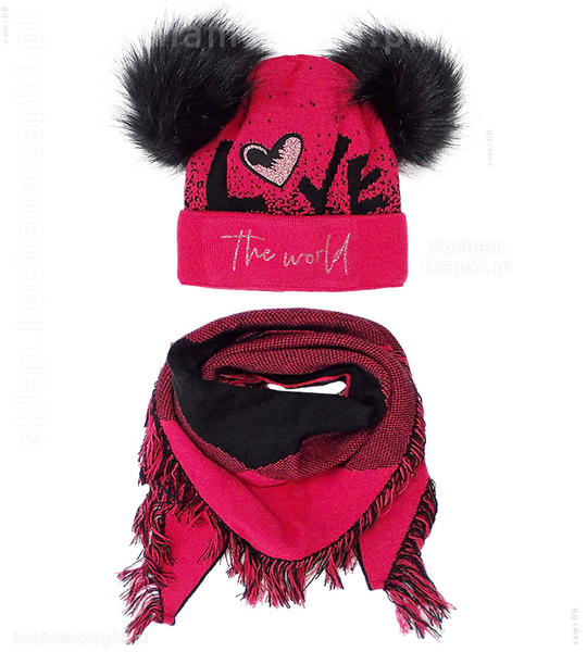 Zimowa czapka i chusta dla dziewczynki, z dwoma pomponami, Gerta rozm. 50-53 cm
