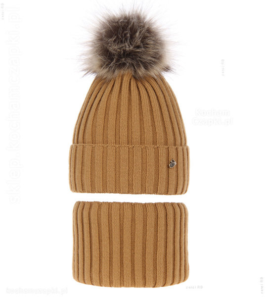 Zimowa czapka i komin dla dziewczynki, Wilma, karmelowy, 52-56 cm