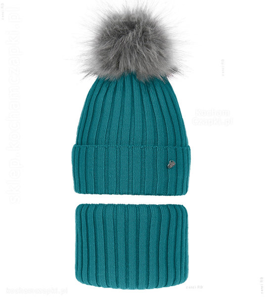 Zimowa czapka i komin dla dziewczynki, Wilma, szmaragdowy, 52-56 cm