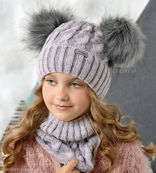 Zimowa czapka i komin, dwa pompony, komplet dla dziewczynki,  Blenda rozm. 52-55 cm