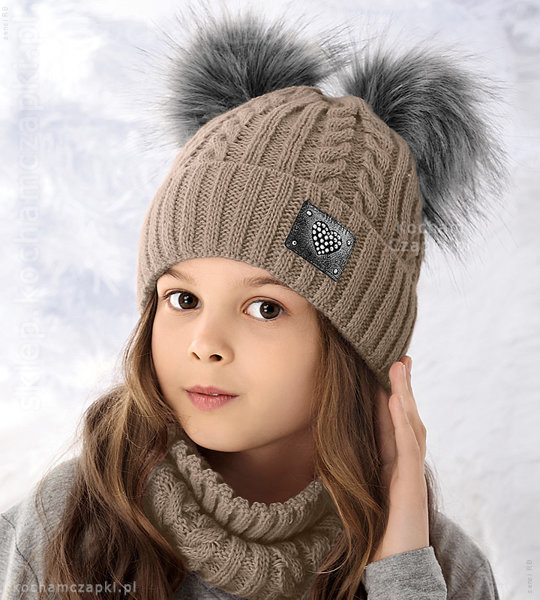 Zimowa czapka i komin, dwa pompony, komplet dla dziewczynki, Juana rozm. 50-54 cm