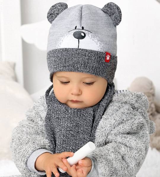 Zimowa czapka i szalik dla chłopca, z uszkami jak miś, , Yatin, rozm. 44-47cm