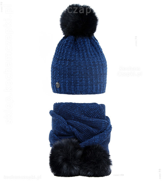 Zimowa czapka i szalik z pomponami z futerka Malaa rozm. 54-56 cm