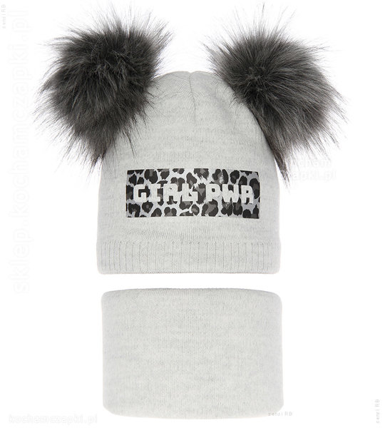 Zimowa czapka z dwoma pomponami i komin dla dziewczynki, Girl Pwr rozm. 48-50 cm