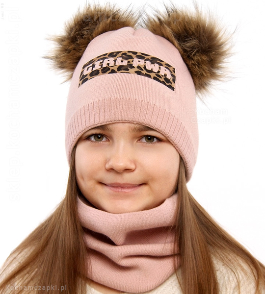 Zimowa czapka z dwoma pomponami i komin dla dziewczynki, Girl Pwr, szary, 48-50 cm