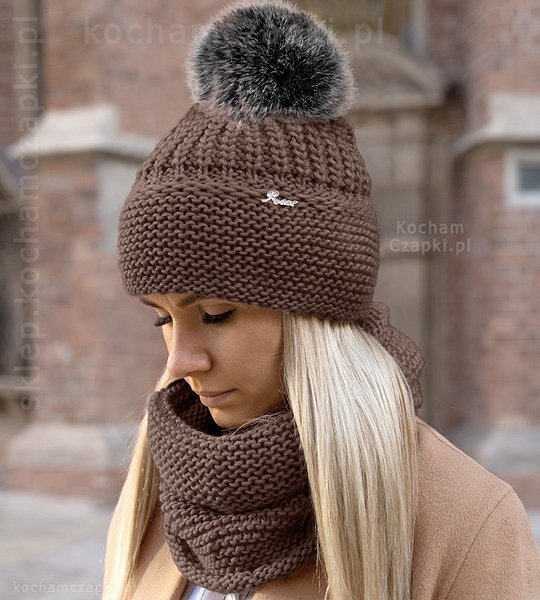 Zimowa modna czapka damska z pomponem, komplet z kominem, Mauricia rozm. 55-57  cm