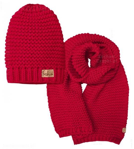 Zimowy komplet czapka damska + szal XXL, gruby z włóczki Khyati, czerwony, rozm. 55-57 cm