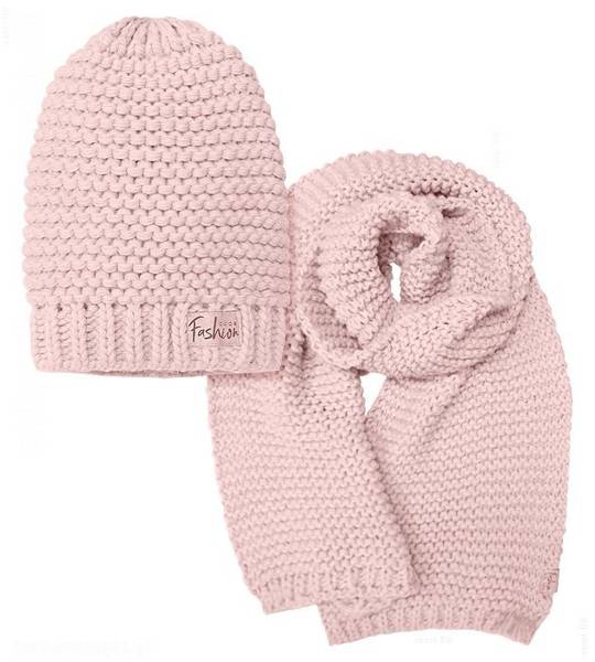 Zimowy komplet czapka damska + szal XXL, gruby z włóczki Khyati, róż nude, rozm. 55-57 cm