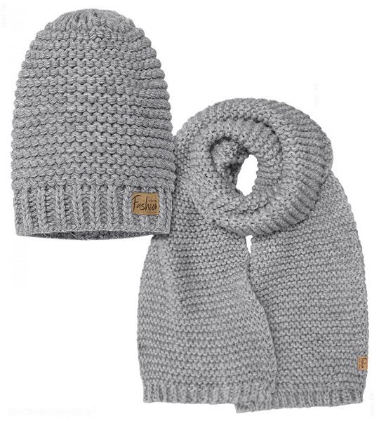 Zimowy komplet czapka damska + szal XXL, gruby z włóczki Khyati, szary, rozm. 55-57 cm
