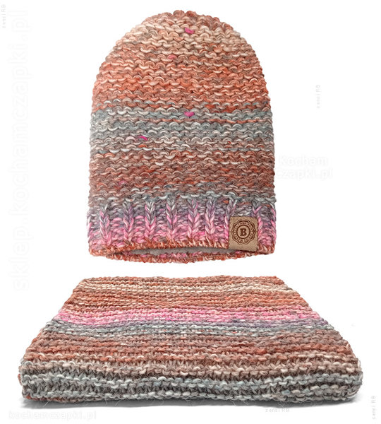 Zimowy komplet, damska czapka z polarem i długi szal, Gisele, brąz + róż melanż, 54-56 cm