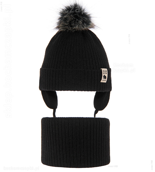 Zimowy komplet dla chłopca: czapka i komin, futerkowy pompon, Lanndo rozm. 46-49 cm