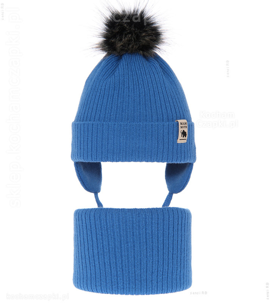 Zimowy komplet dla chłopca: czapka z futerkowym pomponem i komin Lanndo rozm. 46-49 cm